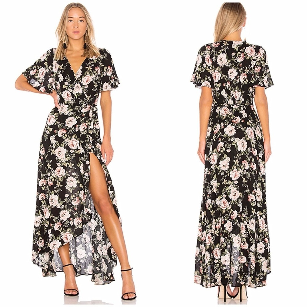 Show Me Your MuMu Wrap Dress Marianne Black Rose Floral Dress Small